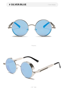 Classic silver steampunk round sunglasses with blue lenses and spring temple details