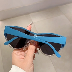 Detail of blue and transparent frame fusion on trendy oversized cat-eye sunglasses