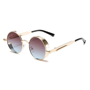Classic steampunk round metal sunglasses with spring temple design and gradient lenses
