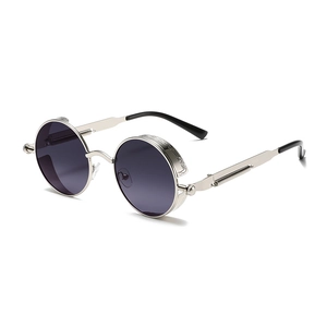 Classic steampunk round metal sunglasses with silver frame and detailed side shields