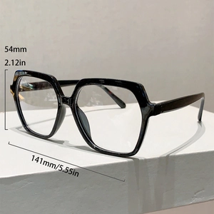 Detail showing 54mm frame height and 141mm total width of black polygonal glasses