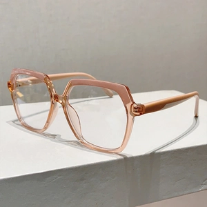 Detail of pink geometric oversized glasses frame with stylish matte color-blocking
