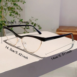 Cat-eye glasses detail view showing dimensions 14.3cm width and 4.5cm height