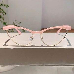 Detail of cat-eye glasses frame featuring pink upper rim and fine gold metal lower rim