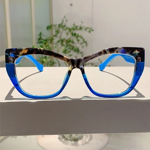 Cat-eye glasses detail showing tortoiseshell brown and translucent blue frames