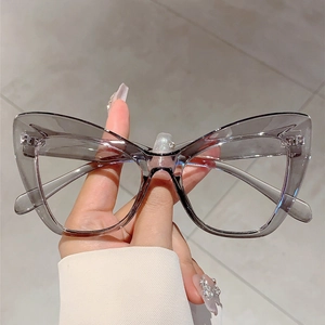 Stylish cat-eye glasses with translucent grey frame and anti-blue light clear lenses