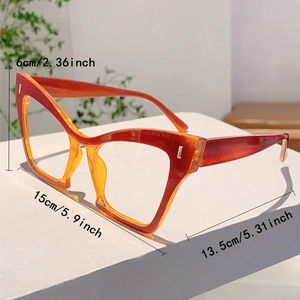 Cat-eye glasses frame dimensions detail with decorative metal rivets on gradient acetate