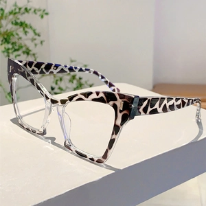 Detailed view of leopard print cat eye frames with clear lenses on minimalist display