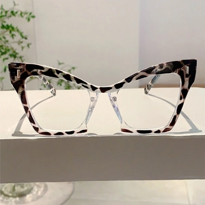 Detail of fashion cat-eye glasses frame with leopard print and clear contrast design