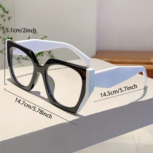 Detailed size specifications for bold black and white cat-eye anti-blue light glasses