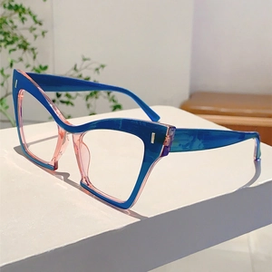 Detailed close-up of blue and pink cat-eye frame glasses with metallic I-shaped accents
