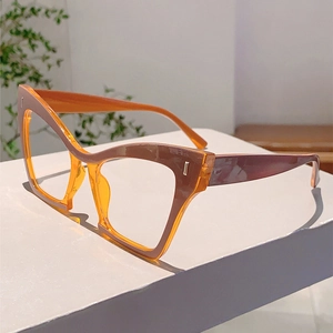 Detail of cat-eye glasses frame featuring tortoiseshell and orange split-color design