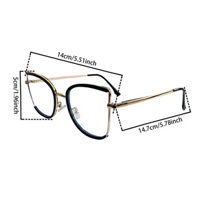 Detailed size dimensions of stylish cat-eye glasses with black and gold frame