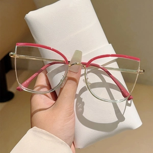 Fashionable half-rim cat eye blue light glasses with red and gold metal frame
