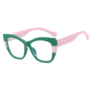 Cat eye blue light blocking glasses with green and pink color block frame in a 45-degree view