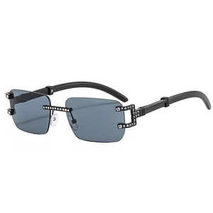Rahmenlose Sonnenbrille mit Strassbesatz und dunkelgrauen rechteckigen Gläsern