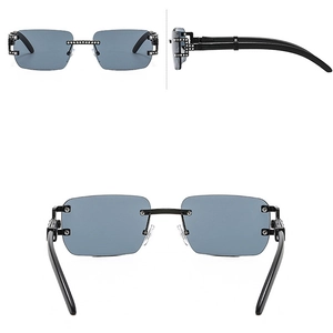Randlose Strass-Sonnenbrille mit grauen Gläsern in einer professionellen Drei-Ansichten-Darstellung