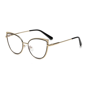 Montatura per occhiali cat-eye in metallo dorato con accenti neri e lenti anti luce blu