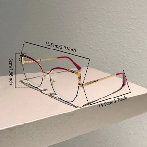 Cat eye glasses frame dimensions with a width of 13.5cm and height of 5cm in gold and red
