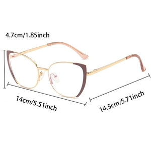 Detailed size dimensions of stylish cat-eye glasses with rose gold metal frame