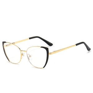 Retro cat-eye blue light blocking glasses with gold metal frames and black accents