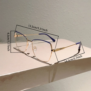 Detailed size measurement diagram of polygonal gold metal frames with blue temple tips
