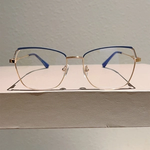 Detail of cat-eye metal glasses frame with blue enamel finish and adjustable nose pads