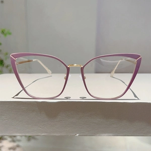 Détail de lunettes yeux de chat violettes et dorées avec pont et charnières en métal