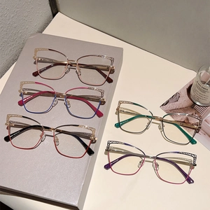Cat eye blue light blocking glasses with hollow geometric metal frame in various colors