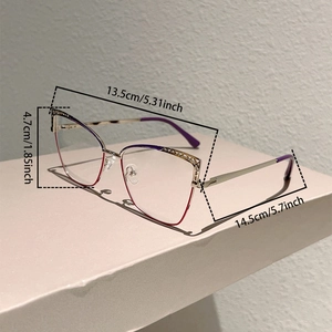 Detailed dimensions of hollow-out cat eye glasses frame in gold and purple gradient