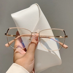 Golden polygon large frame glasses with white pebble leather pouch and stylish metal frame