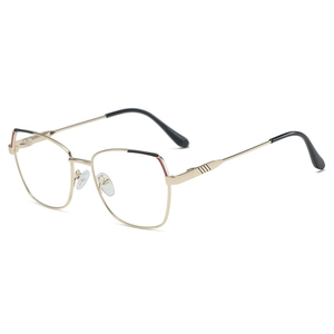 Polygonal gold metal frame glasses with black and red accents on white background