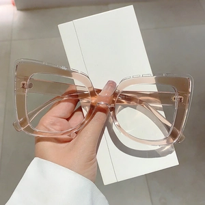 Detail view of transparent tawny square glasses frame with printed size specifications