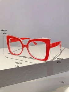 Detailed dimensions of oversized blue light glasses with 150mm width and red cat eye frame