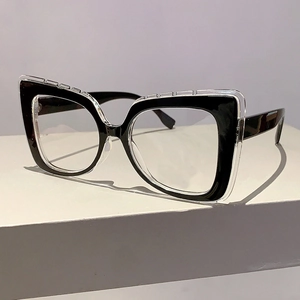 Detailed side view of cat-eye anti-blue light glasses with dual-layer black frames