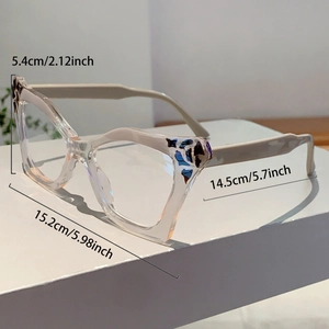 Detailed size view of clear butterfly frame glasses with dimensions 152mm width and 145mm length
