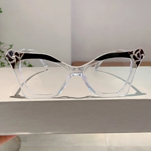 Close-up of clear cat-eye glasses frame with retro leopard print patterns on the corners