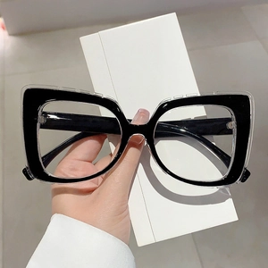 Stylish oversized cat-eye blue light blocking glasses with black and clear double layers