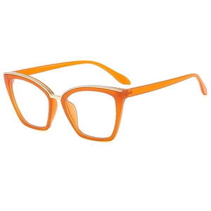 Elegant orange cat-eye blue light blocking glasses with gold metal accents on white background