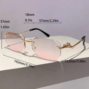 Detailed size specifications for rimless polygon sunglasses with gradient pink lenses