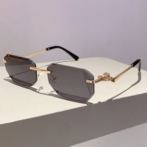 Rimless Octagon Sunglasses Metal Frame Leopard Head Design Cut Edge UV400 Protection Fashion Retro For Men And Women