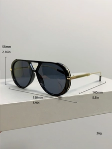 Detailed dimensions of oversized black sunglasses with gold temples and frame measurements