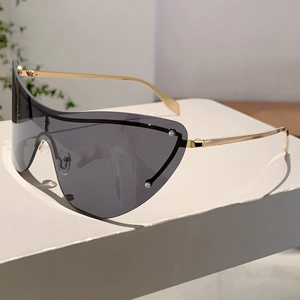 Détail de lunettes de soleil masque gris foncé avec branches en métal doré élégantes