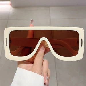 Modern oversized cream rectangle sunglasses with brown lenses and silver accents