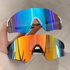 Streamlined outdoor cycling sunglasses with colorful mirrored lenses and windproof frame