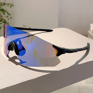 Detail of colorful gradient sports sunglasses with ergonomic black frame for cycling