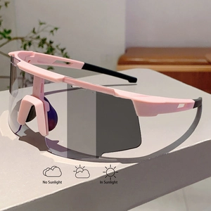 Detail showing photochromic cycling sunglasses lens color change in and out of sunlight