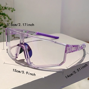 Detailed size specifications for purple outdoor cycling glasses with clear protective lens