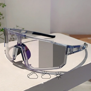 Detail of photochromic cycling sunglasses with purple frame on display stand