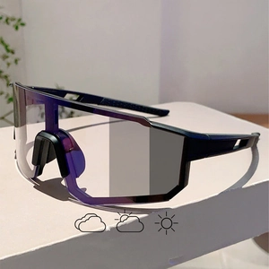 Photochromic cycling sunglasses with black matte frame on a white display stand